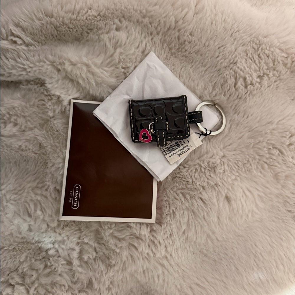 Coach Black Signature Mini Wallet Keychain with Pink Heart Charm